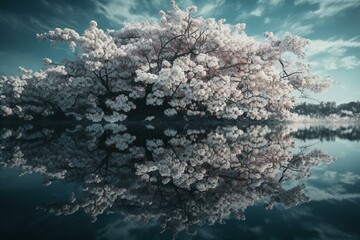 Fototapeta na wymiar Cherry tree blooms mirrored on lake surface. Generative AI