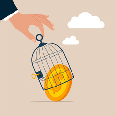 Businessman try bring dollar coins out from cage. metaphor of financial freedom, freedom of money. Modern vector illustration in flat style