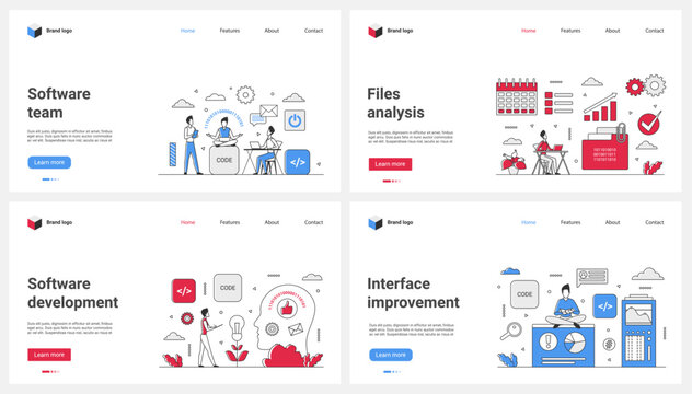 Software development and program interface improvement, file analysis set vector illustration. Cartoon tiny team of coders and engineers develop and test program code, people work with digital data