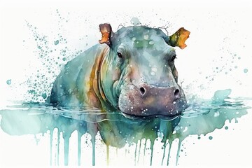 Watercolor hippo illustration white background,Generative AI - obrazy, fototapety, plakaty
