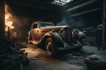 Obraz na płótnie Canvas Fire tragedy in a garage where an antique car burnt down leaving behind soot and debris. Generative AI