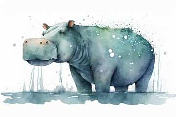 Watercolor hippo illustration white background,Generative AI