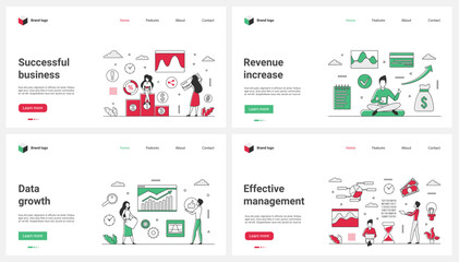 Business success, effective management and growth of indicators, increase in income set vector illustration. Cartoon tiny people work with online financial data chart to analyze economic strategy