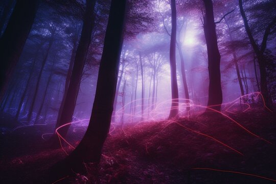 Enchanting purple forest with neon lighting and mist, creating a mysterious atmosphere. Digitally rendered with light trails splines. Generative AI