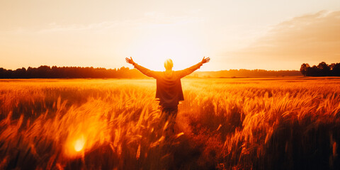 A young man in an open countryside field with his arms outstretched looking at a beautiful warm sunrise. The concept of mind, body and spirit - obrazy, fototapety, plakaty
