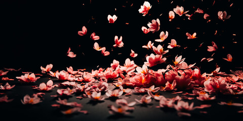Falling sakura petals isolated on a black background