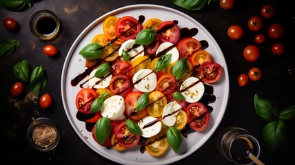 Caprese Salad - A flat-lay image of a plate with sliced mozzarella cheese, cherry tomatoes, and fresh basil leaves, drizzled with olive oil and balsamic vinegar