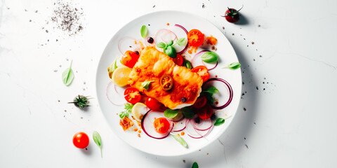 Fried cod with a salad garnish of lettuce, cherry tomatoes and red onions with sesame seeds, white table background, top view