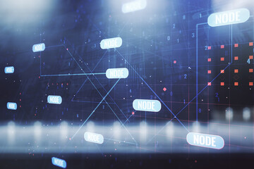 Double exposure of abstract creative programming illustration on contemporary business center exterior background, big data and blockchain concept