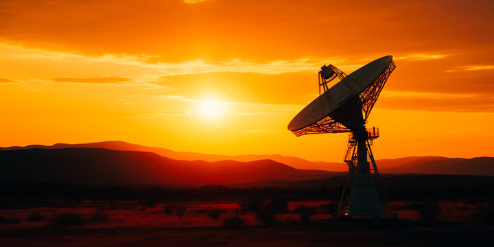 Satellite dish in the desert and a beautiful sunset