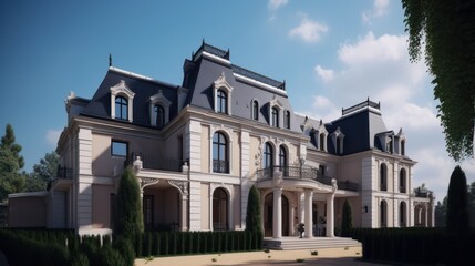 Fototapeta na wymiar Chateau exterior house design in daytime golden hour generative ai