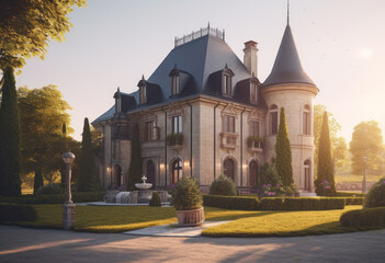 Chateau exterior house design in daytime golden hour generative ai