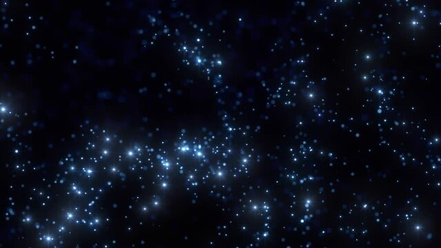 Background of blue shimmering particles. Abstract animation of defocused glowing particles in slow motion. Seamless loop