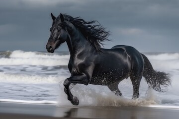 Plakat Black Horse in Wild, Running Stallion by Seaside, Abstract Generative AI Illustration