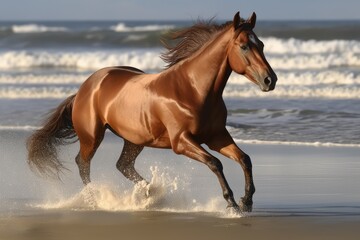 Fototapeta na wymiar Chestnut Horse in Wild, Running Stallion by Seaside, Beautiful Horse, Abstract Generative AI Illustration