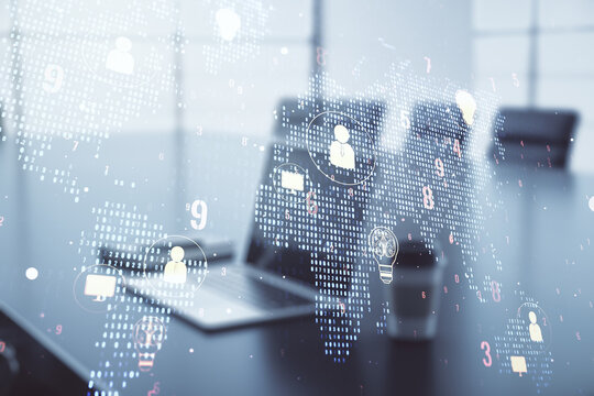 Double exposure of social network icons concept with world map and modern laptop on background. Marketing and promotion concept