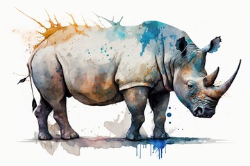 Fototapeta premium Watercolor rhino illustration white background,Generative AI