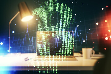 Double exposure of creative Bitcoin symbol with modern laptop on background. Cryptocurrency concept