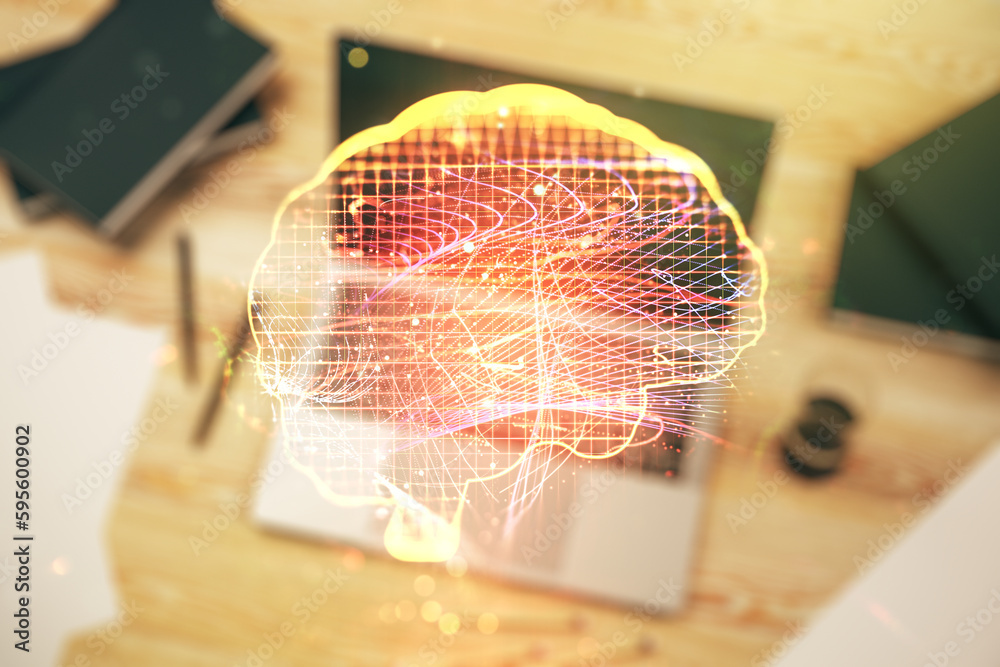 Aufkleber Double exposure of creative human brain microcircuit with computer on background. Future technology and AI concept