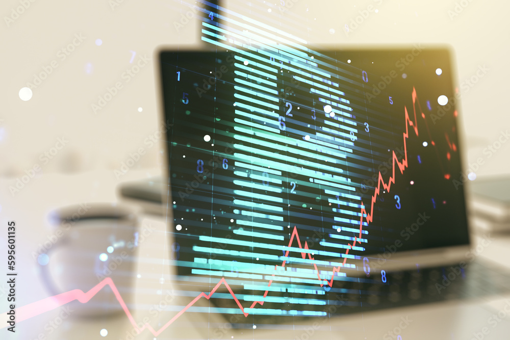 Poster creative bitcoin concept with modern computer background. double exposure