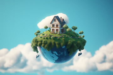 a floating mini world, the bottom half is planet earth, the top half is a tiny house with tiny trees. ai generative