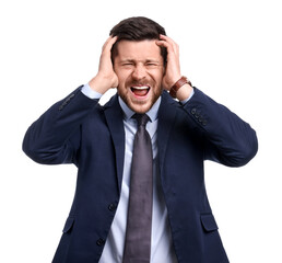 Emotional businessman in suit on white background