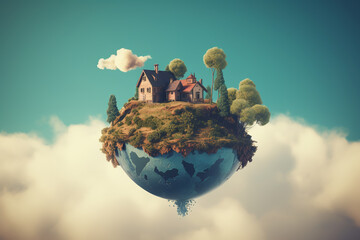 a floating mini world, the bottom half is planet earth, the top half is a tiny house with tiny trees. ai generative - obrazy, fototapety, plakaty