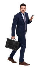 Handsome bearded businessman in suit with smartphone and briefcase on white background