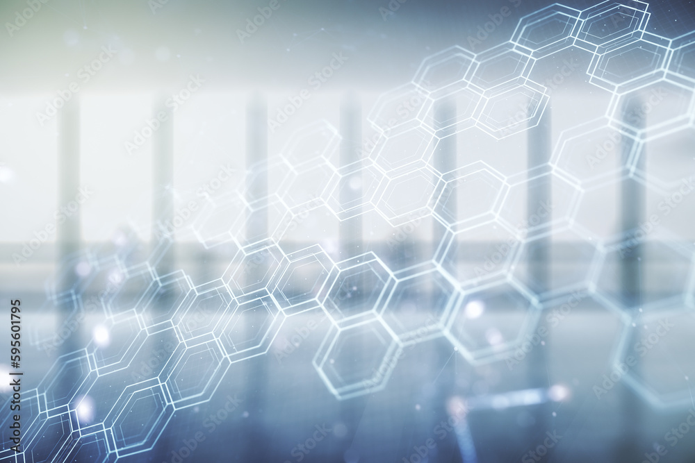 Poster abstract virtual wireless technology hologram with hexagon on empty modern office background. big da