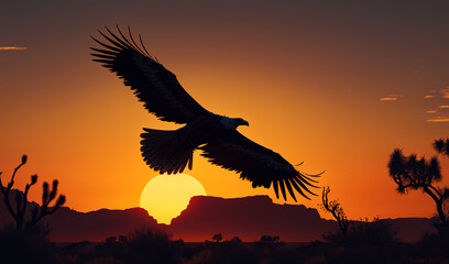 Plakat Eagle flying in the sky at sundown. Mountains and big sun behind at backdrop. Generative AI.