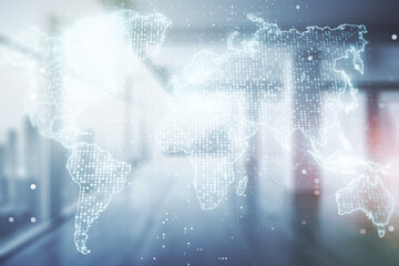 Abstract creative world map interface on empty corporate office background, international trading concept. Multiexposure