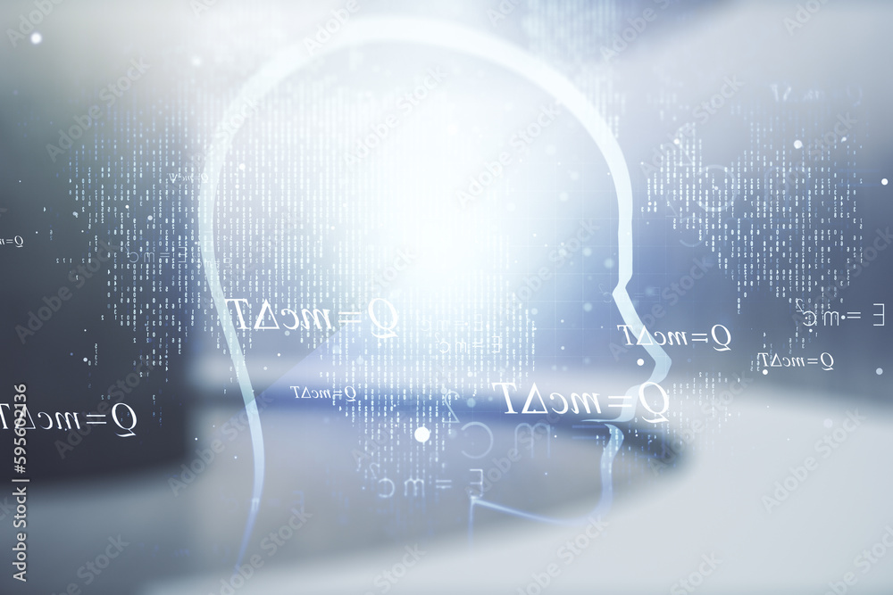 Aufkleber abstract virtual artificial intelligence interface with human head hologram on empty corporate offic