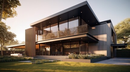 Contemporary exterior house design in daytime golden hour generative ai