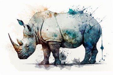 Watercolor rhino illustration white background,Generative AI
