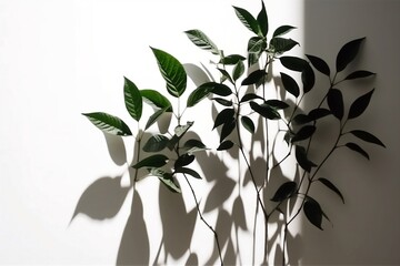 Light falls on a green houseplant. The shadow from the plants falls on the wall. Minimalism. Generative AI.