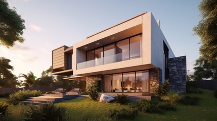 Fototapeta na wymiar Contemporary exterior house design in daytime golden hour generative ai