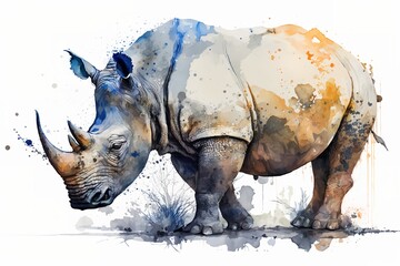 Obraz premium Watercolor rhino illustration white background,Generative AI