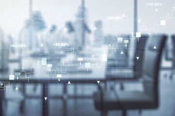 Abstract creative financial graph interface and world map on a modern furnished office background, forex and investment concept. Multiexposure