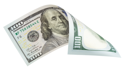 American dollar, 100, isolated on white background, full depth of field