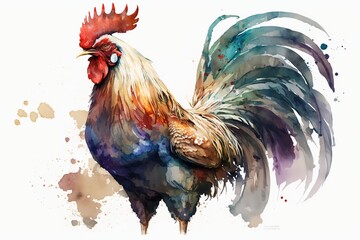 Watercolor rooster illustration white background,Generative AI