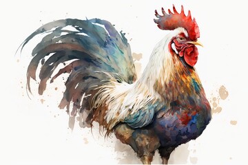 Watercolor rooster illustration white background,Generative AI