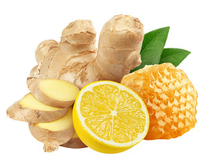 Ginger, Lemon, Honey isolated on white background, full depth of field