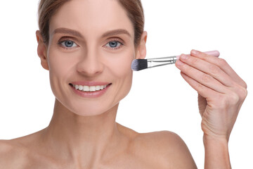 Woman with makeup brush on white background