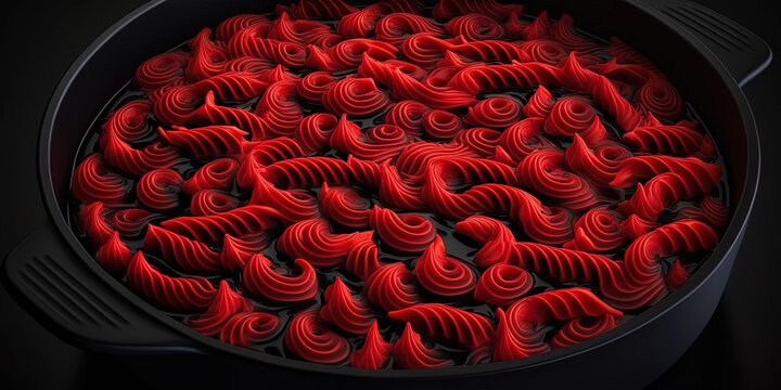 Spaghetti on a black metal pan with a red sauce Generative AI
