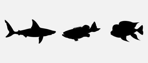 isolated black silhouette of a fish , vector collection