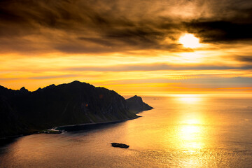 Beautiful sunset over the Norwegian Sea in the Lofoten Islands,  Norway