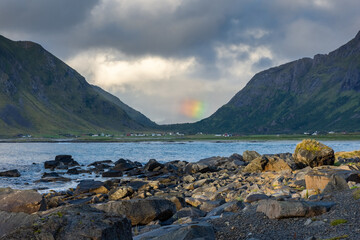 Fototapeta na wymiar Beautiful rainbow over the Lofoten Islands, Norway