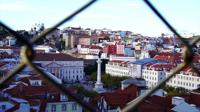 View of Rossio square from Santa Justa elevator's steel bridge in Lisbon, Portugal