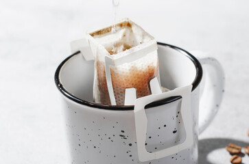 Drip Coffee Bag in Big Cup, Coffee Trend, Quick Way to Brew Ground Coffee
