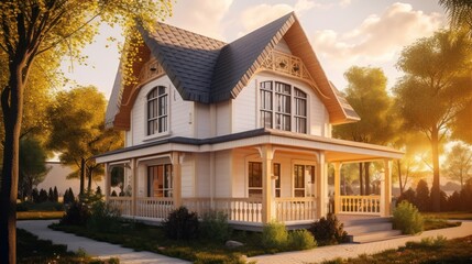Fototapeta na wymiar Cottage exterior house design in daytime golden hour generative ai